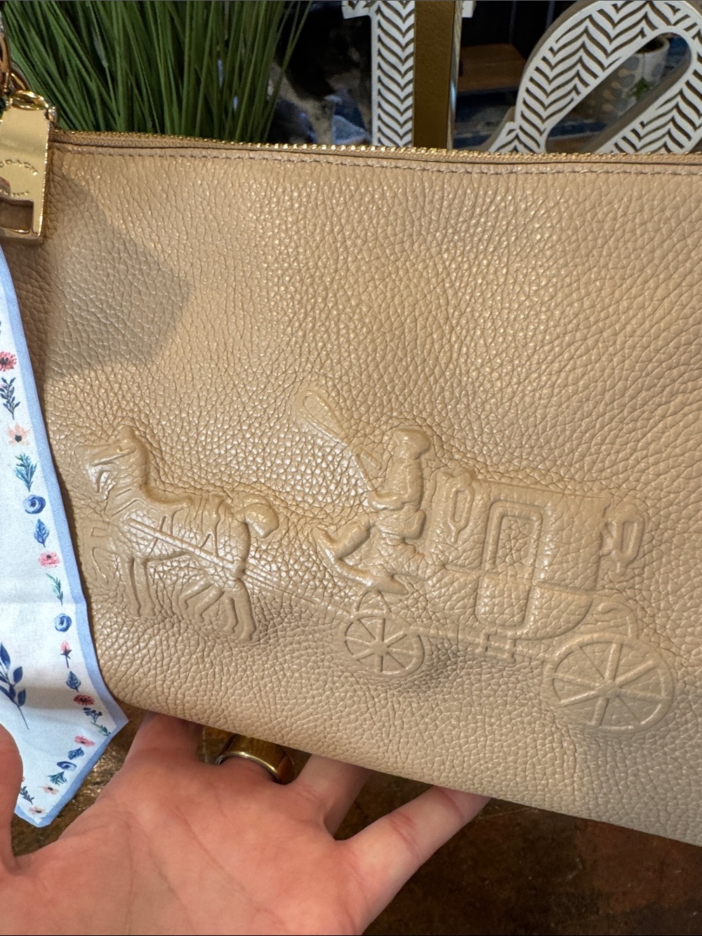 Coach Pebble Leather Shoulder Bag in Light Tan with Floral Scarf - Picture 3 of 15